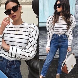Zara Puff Sleeve Striped Blouse XS Black White Asymmetric Back Modern Chic